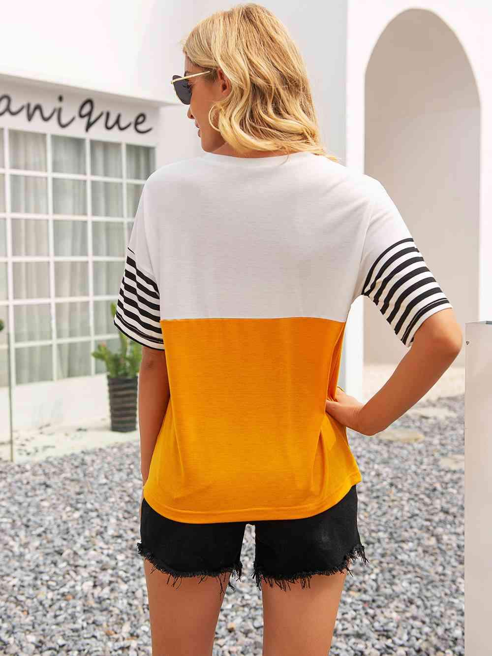 Striped Color Block Round Neck Tee Women's T-Shirts - Tophatter Daily Deals