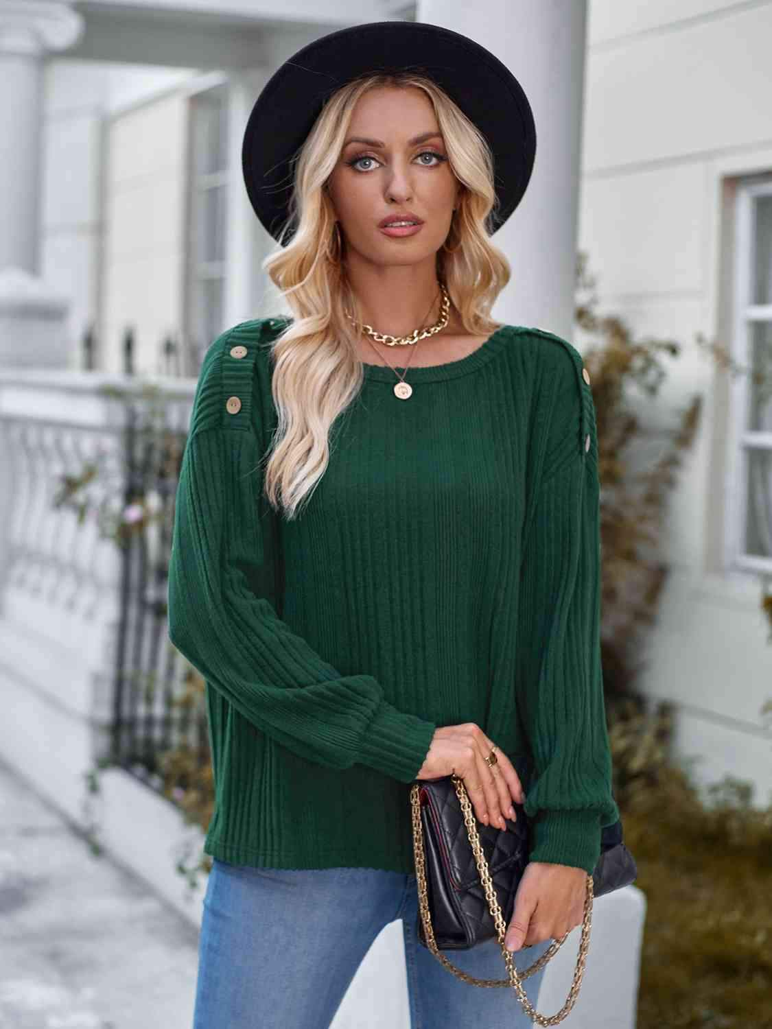 Shoulder Detail Round Neck Top Green Blouses - Tophatter Daily Deals