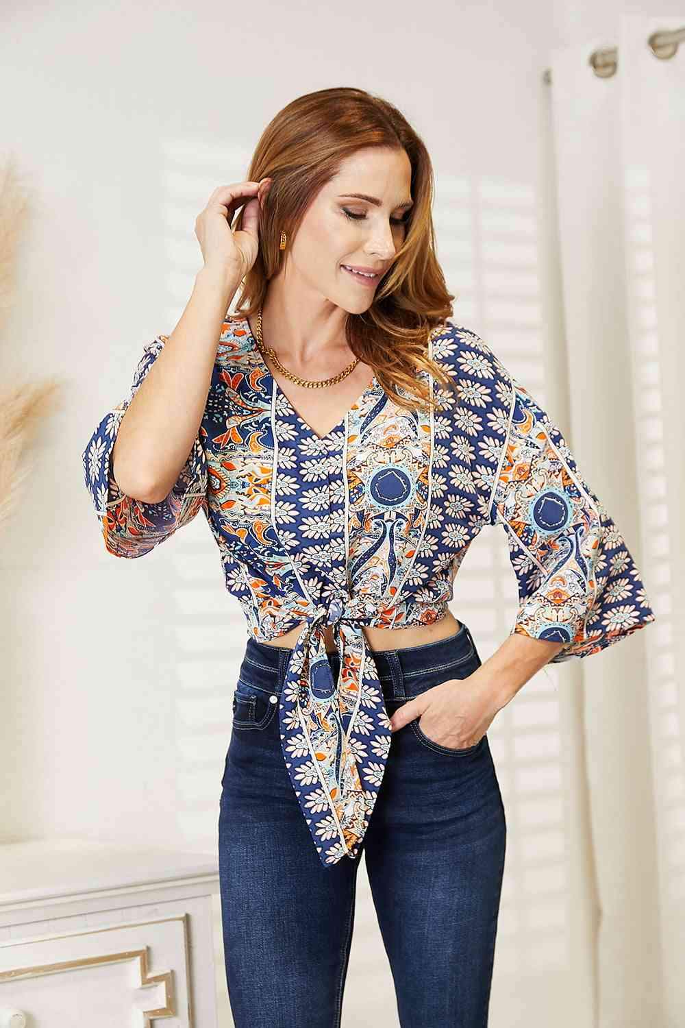 Double Take Tie Hem V-Neck Three-Quarter Sleeve Blouse Blouses - Tophatter Daily Deals