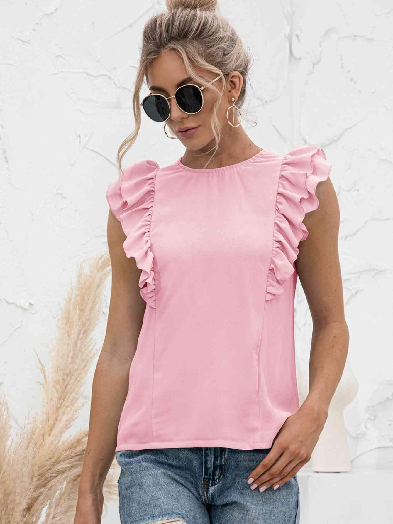 Round Neck Tied Open Back Flutter Sleeve Top Blouses - Tophatter Daily Deals