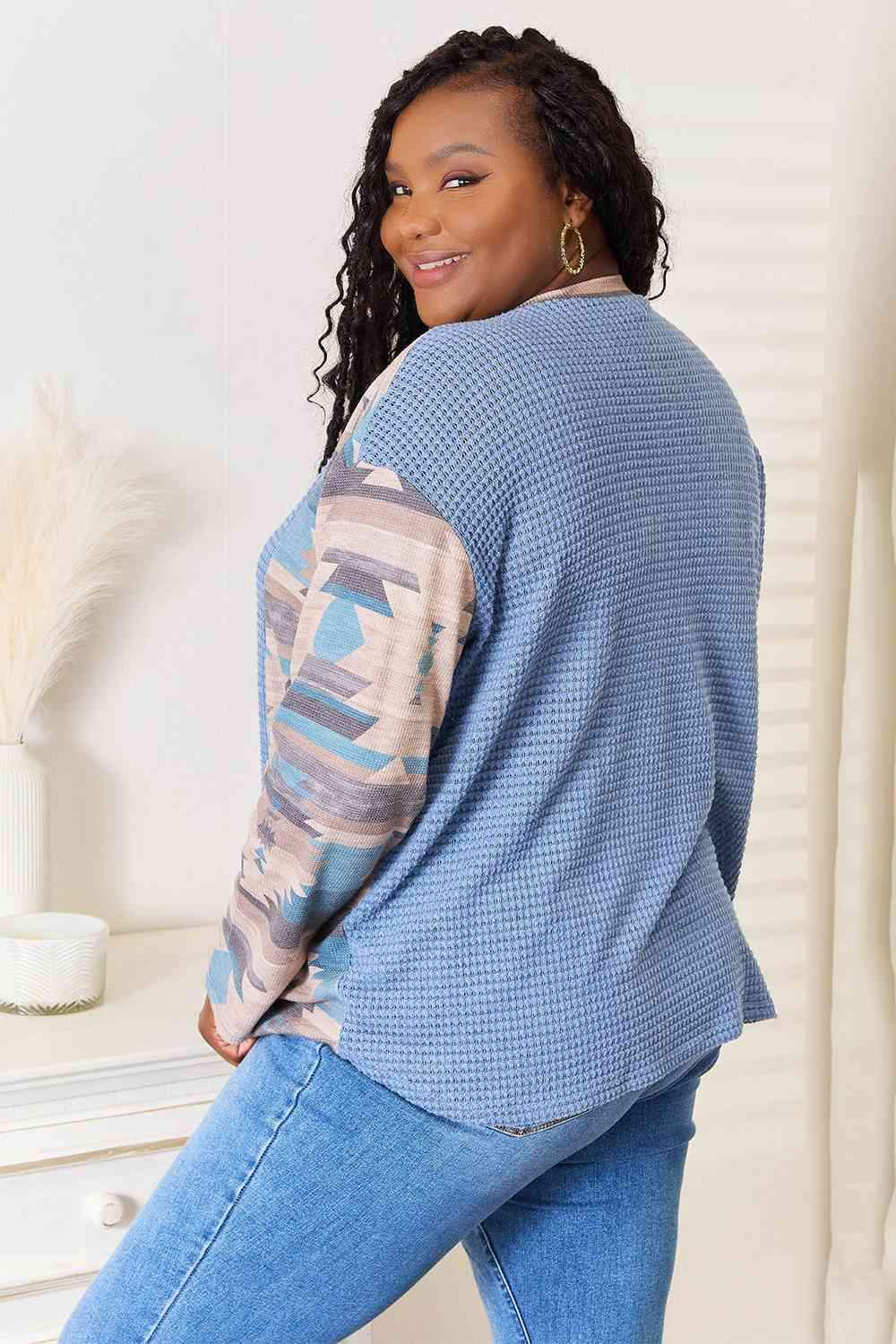 Sew In Love Full Size Waffle Knit Tribal Print Top Blouses - Tophatter Daily Deals