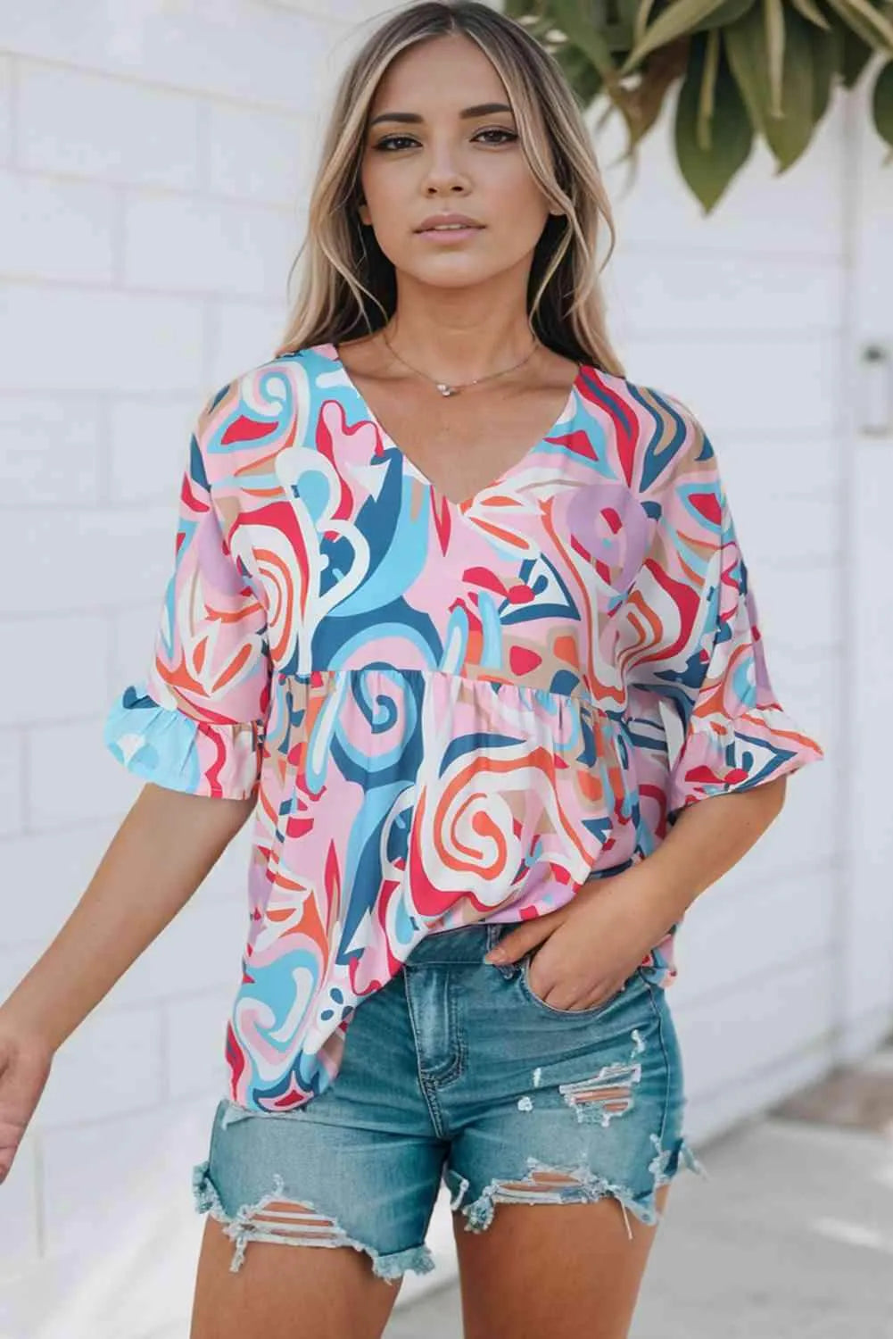 Printed V-Neck Flounce Sleeve Blouse Multicolor Blouses - Tophatter Daily Deals