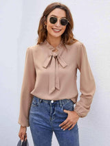 Tie Neck Puff Sleeve Blouse Camel Blouses - Tophatter Daily Deals
