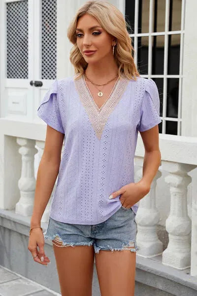 Eyelet V-Neck Petal Sleeve T-Shirt Women's T-Shirts - Tophatter Daily Deals