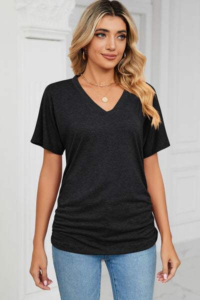 Ruched V-Neck Short Sleeve T-Shirt Women's T-Shirts - Tophatter Daily Deals