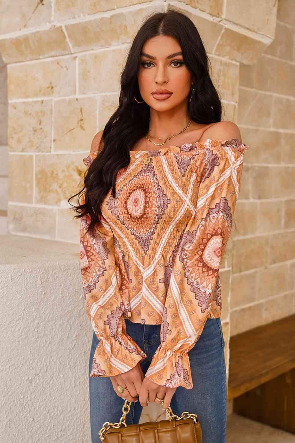 Printed Off-Shoulder Smocked Flounce Sleeve Blouse Blouses - Tophatter Daily Deals