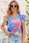 Floral Notched Neck Flutter Sleeve Blouse Blouses - Tophatter Daily Deals