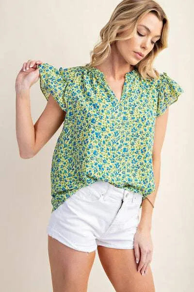Kori America Floral Notched Ruffled Cap Sleeve Blouse Blouses - Tophatter Daily Deals