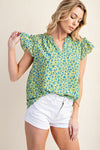 Kori America Floral Notched Ruffled Cap Sleeve Blouse - Tophatter Deals