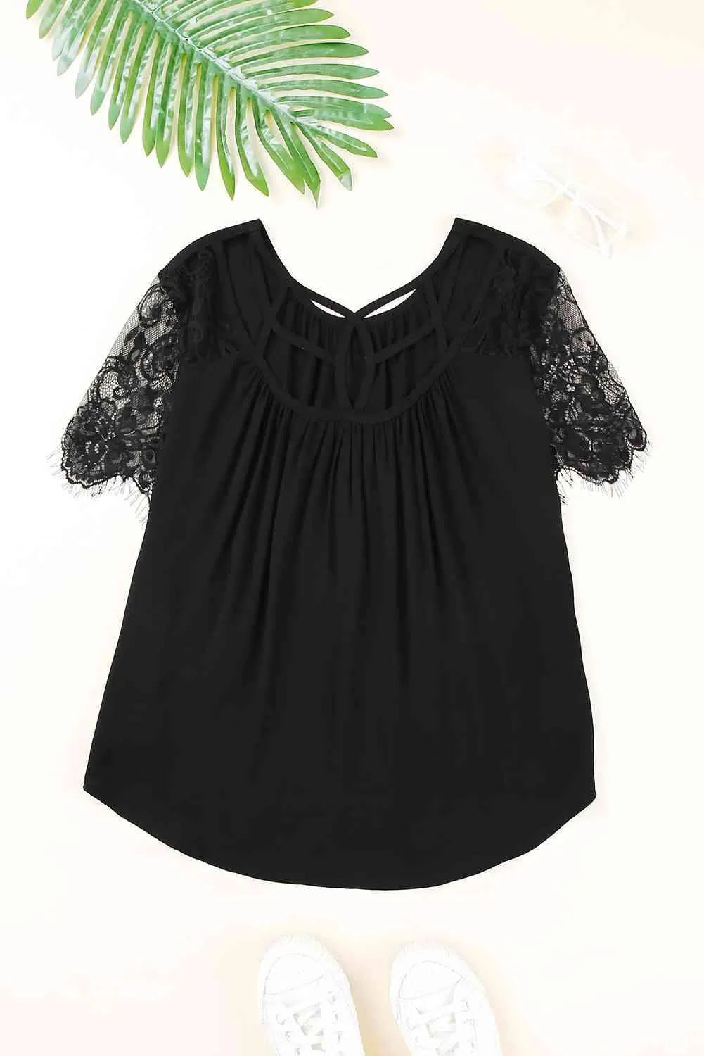 Strappy Neck Spliced Lace Eyelash Trim Blouse Blouses - Tophatter Daily Deals