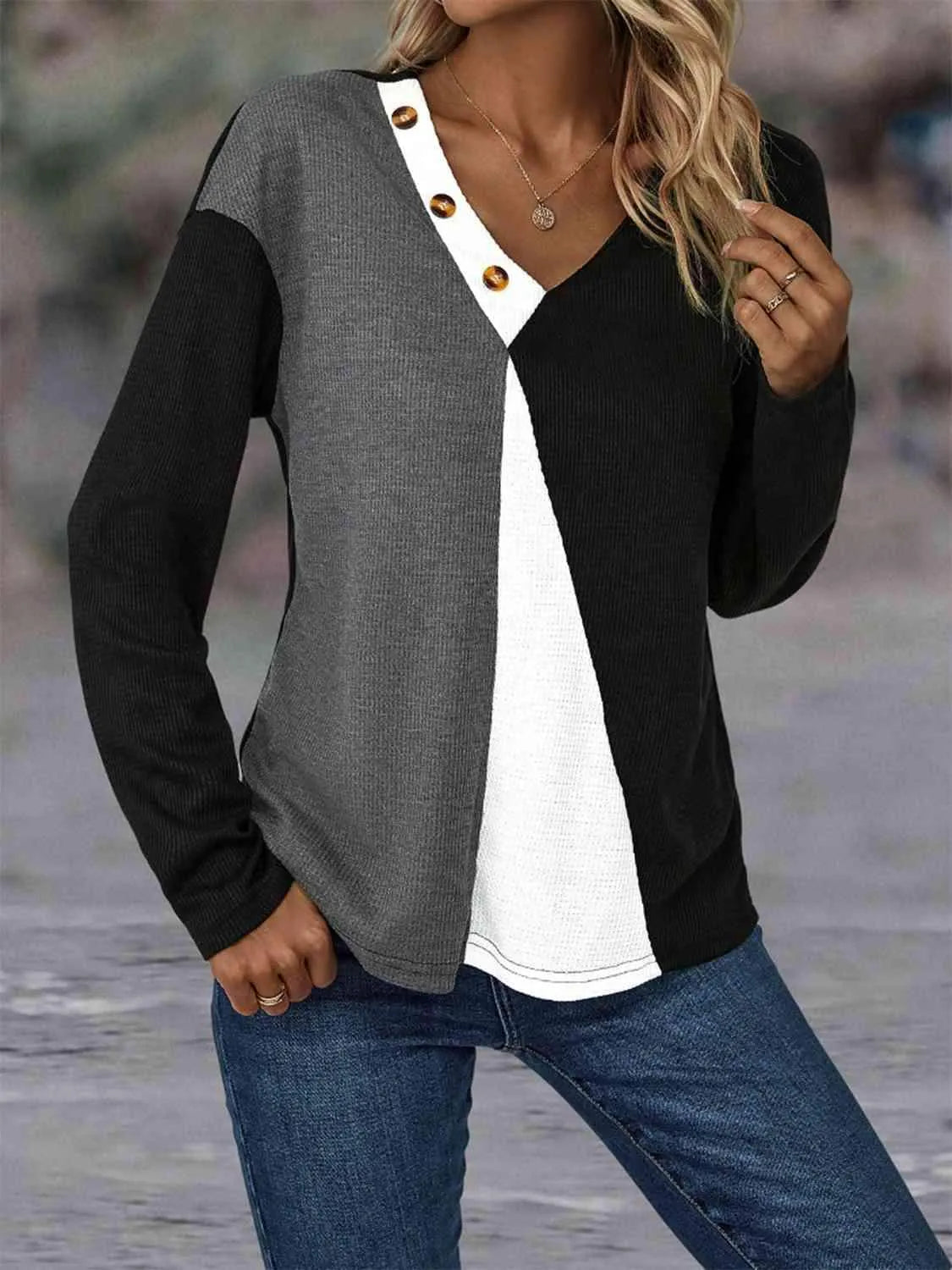 Color Block Decorative Button V-Neck Top Blouses - Tophatter Daily Deals