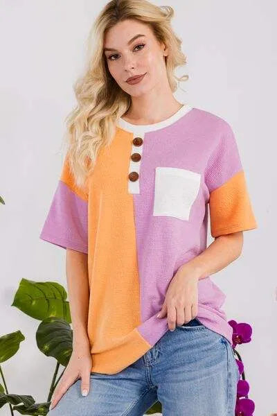 Celeste Full Size Color Block Short Sleeve T-Shirt Blouses - Tophatter Daily Deals