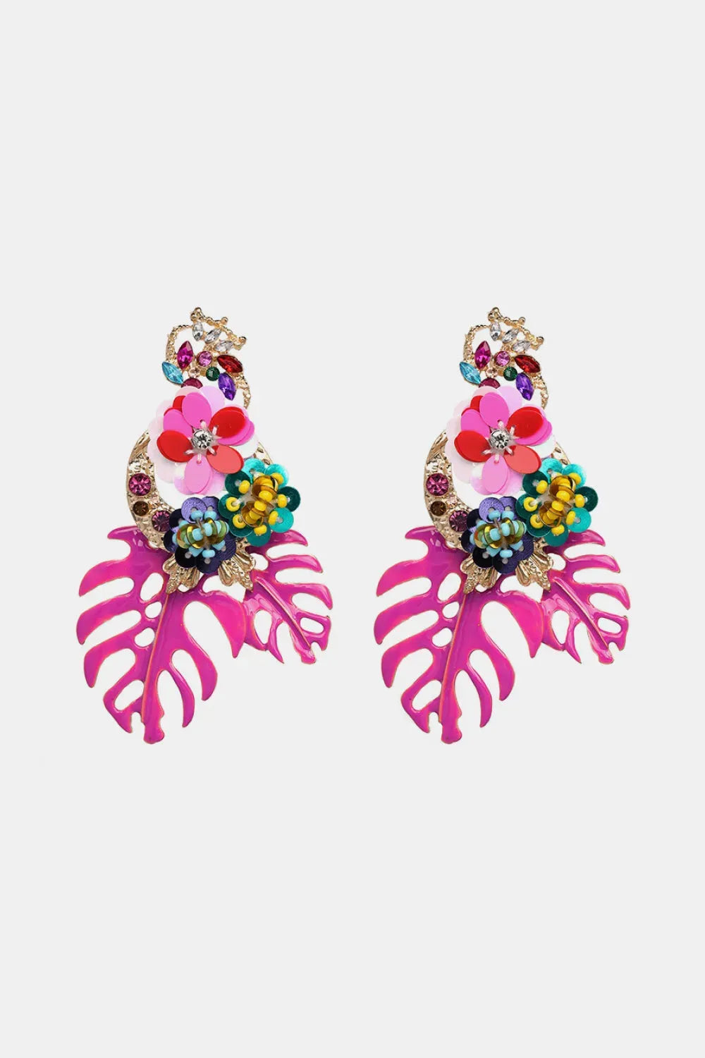 Leaf & Flower Shape Zinc Alloy Dangle Earrings Fuchsia Pink One Size Earrings - Tophatter Daily Deals