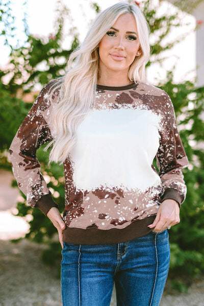 Printed Round Neck Long Sleeve T-Shirt Taupe Women's T-Shirts - Tophatter Daily Deals