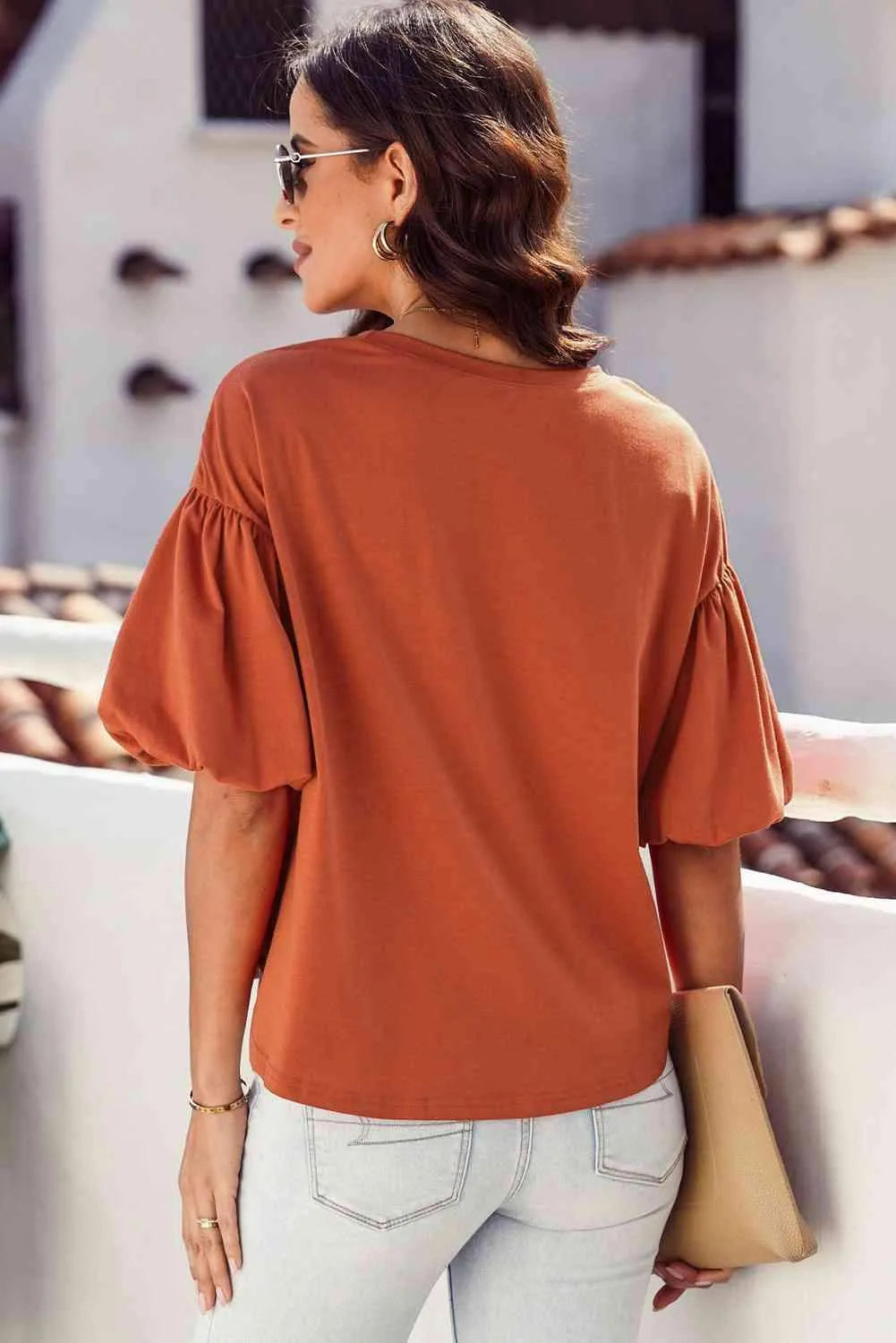 Puff Sleeve Curved Hem Blouse Blouses - Tophatter Daily Deals