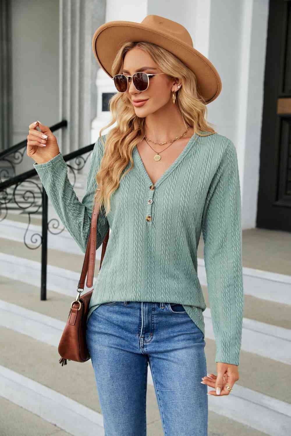 Cable-Knit Long Sleeve V-Neck T-Shirt Women's T-Shirts - Tophatter Daily Deals