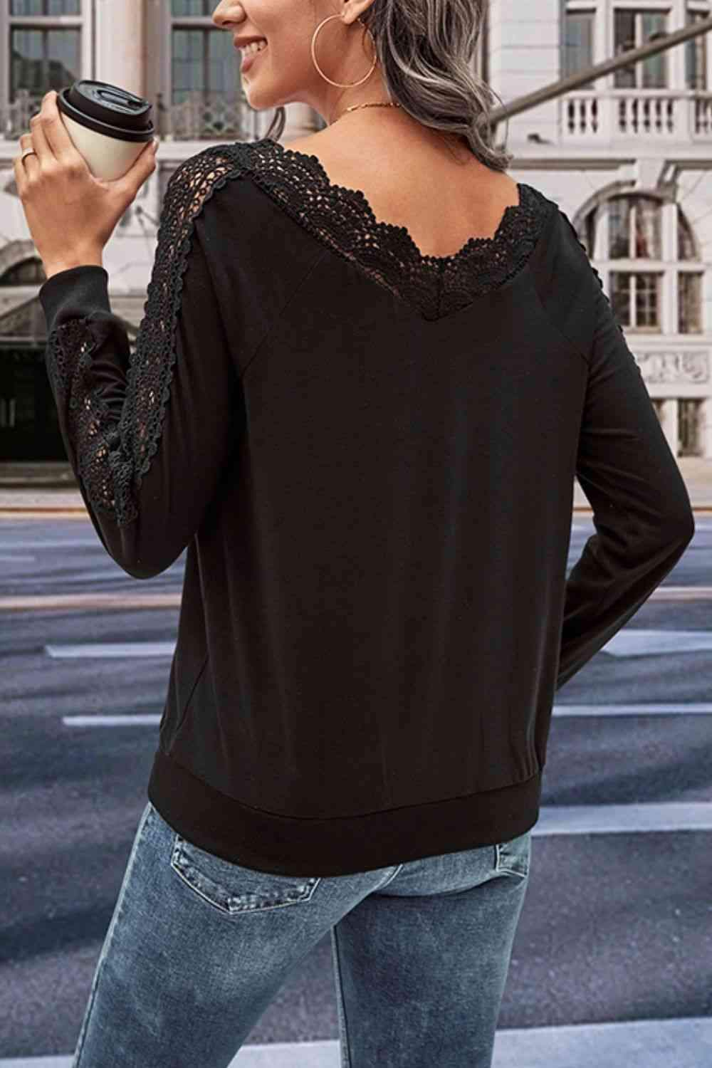 V-Neck Long Sleeve Lace Trim Blouse Blouses - Tophatter Daily Deals