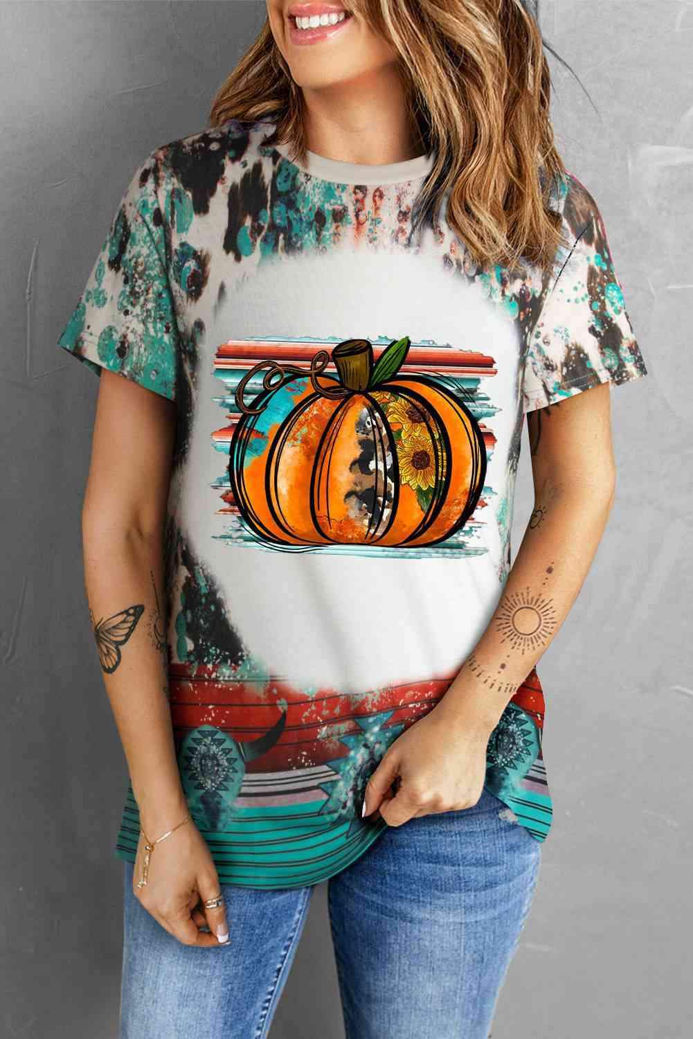 Pumpkin Graphic Round Neck Short Sleeve Tee Turquoise Women's T-Shirts - Tophatter Daily Deals