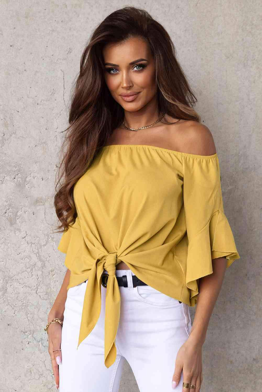 Off-Shoulder Tie Hem Blouse Blouses - Tophatter Daily Deals