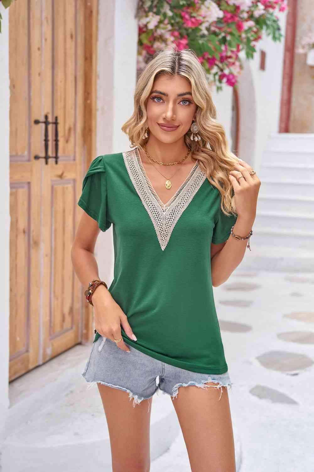 Contrast V-Neck Petal Sleeve Top Mid Green Blouses - Tophatter Daily Deals