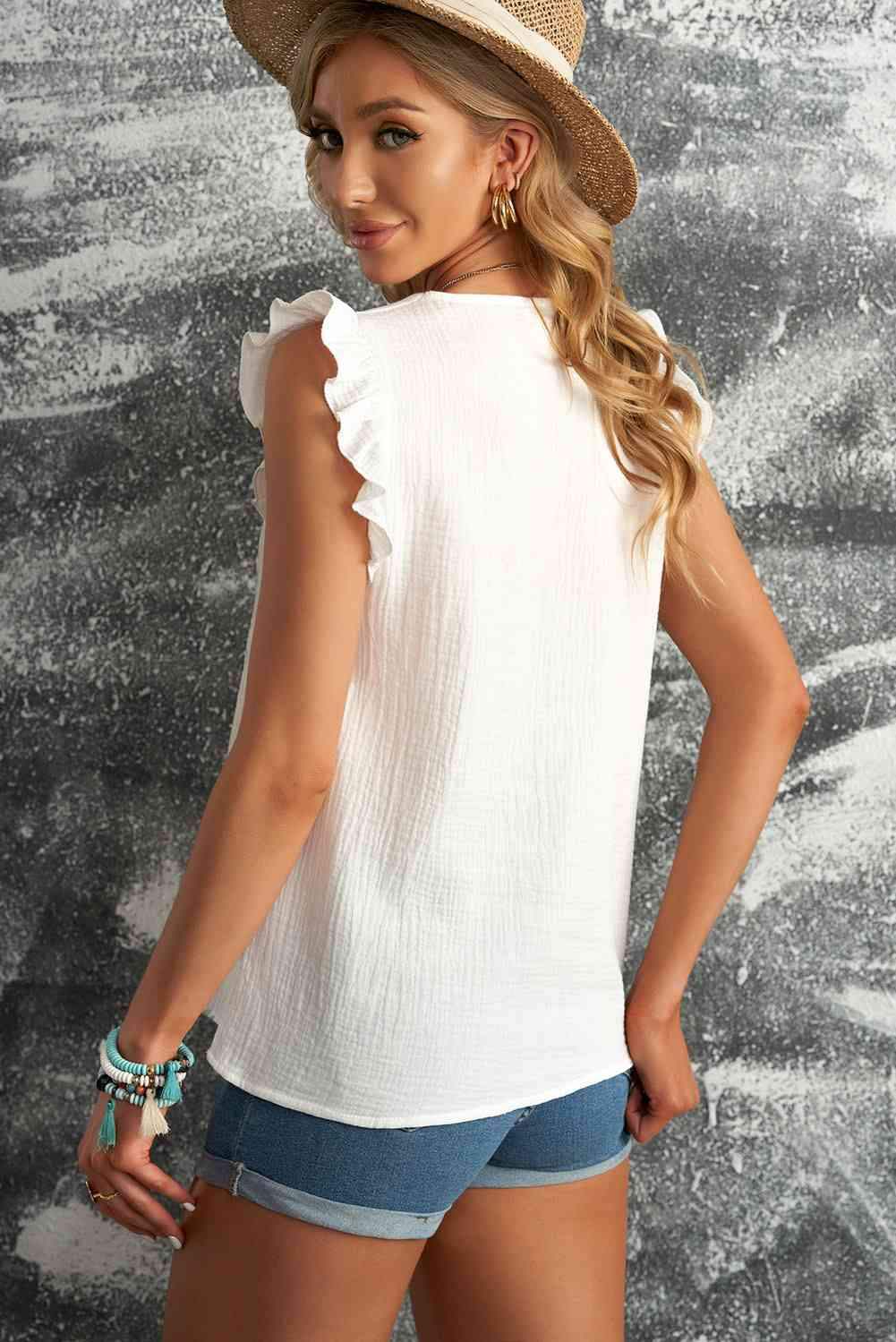 Ruffle Shoulder V-Neck Top Blouses - Tophatter Daily Deals