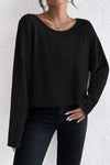 Ribbed Round Neck Drop Shoulder Long Sleeve Top Black Blouses - Tophatter Daily Deals