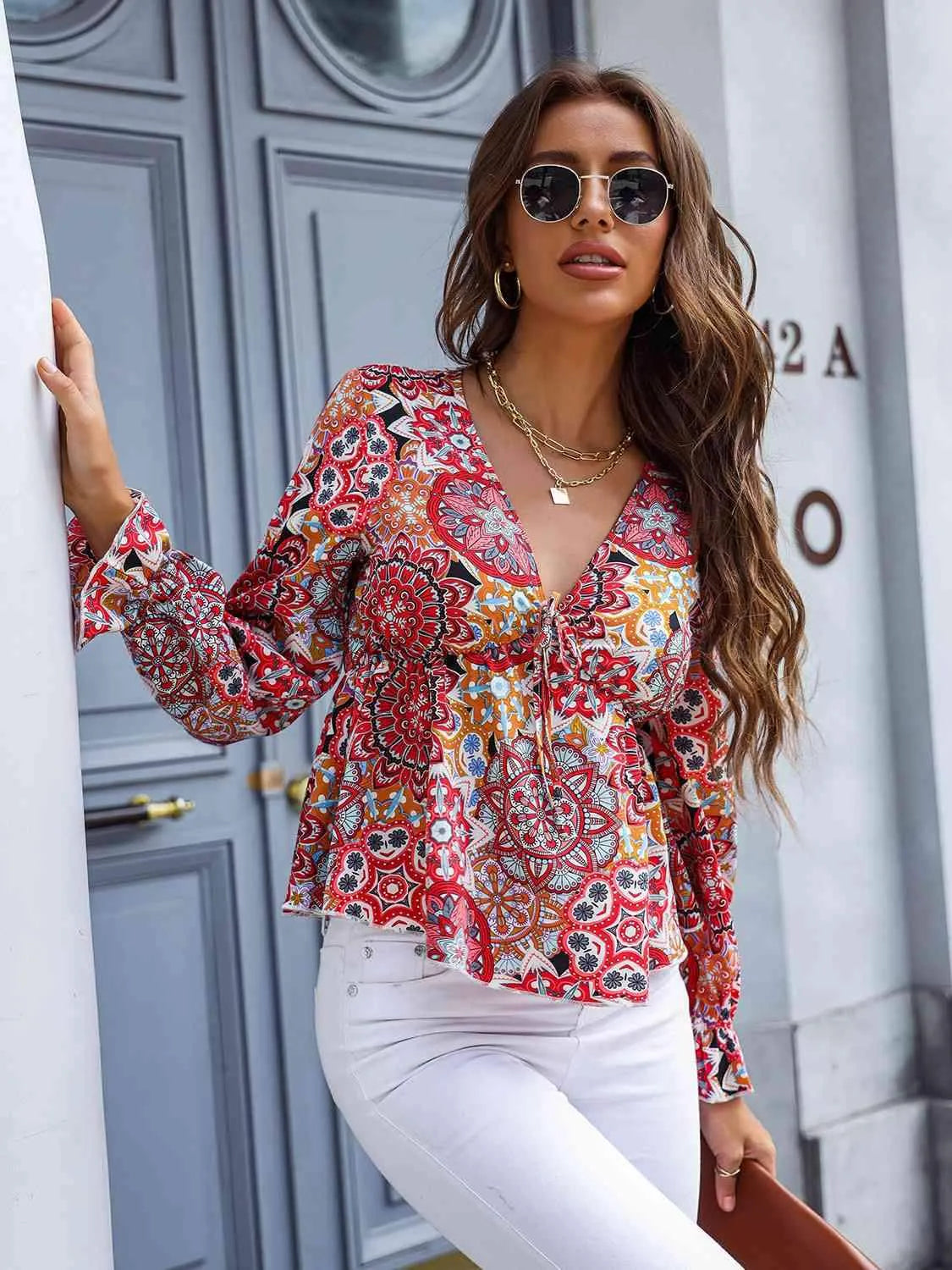 Printed V-Neck Flounce Sleeve Blouse Blouses - Tophatter Daily Deals