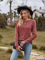 Ribbed Round Neck Long Sleeve Tee Women's T-Shirts - Tophatter Daily Deals