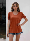 V-Neck Decorative Buttons Puff Sleeve Tee Ochre Women's T-Shirts - Tophatter Daily Deals