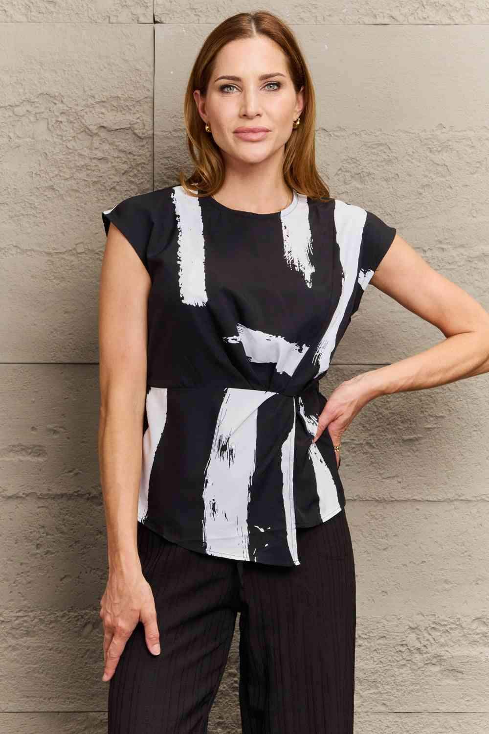 Printed Round Neck Short Sleeve Blouse Blouses - Tophatter Daily Deals