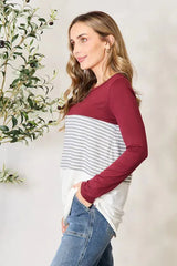 e.Luna Full Size Striped Contrast Long Sleeve Blouse Blouses - Tophatter Daily Deals