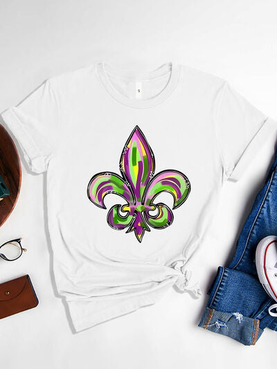 Mardi Gras Graphic Round Neck Short Sleeve T-Shirt White Women's T-Shirts - Tophatter Daily Deals