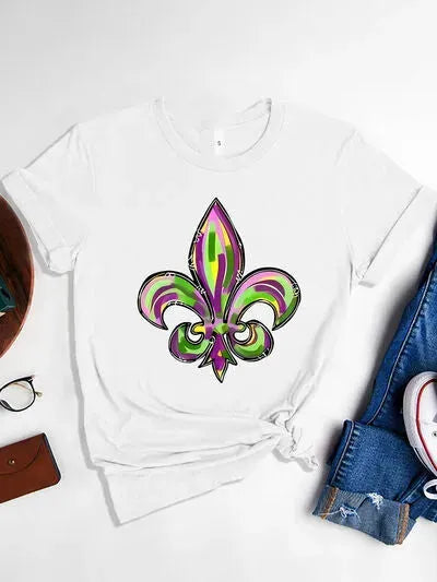 Mardi Gras Graphic Round Neck Short Sleeve T-Shirt White Women's T-Shirts - Tophatter Daily Deals