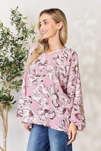 Heimish Full Size Floral V-Neck Balloon Sleeve Blouse Blouses - Tophatter Daily Deals