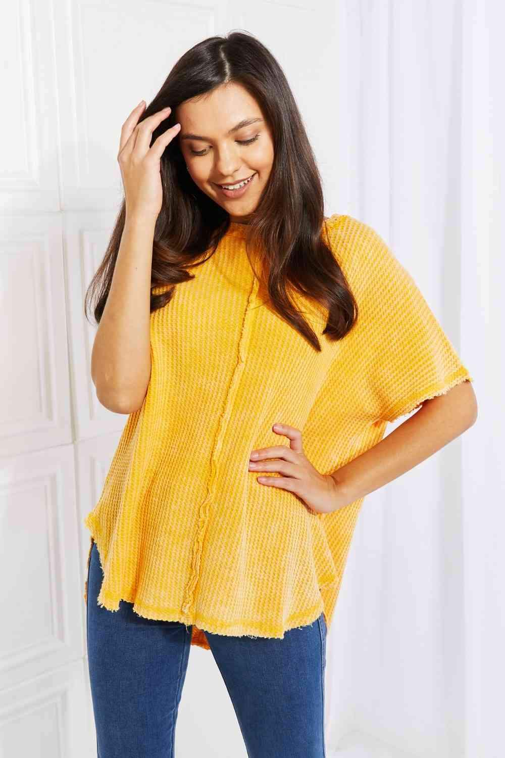 Zenana Start Small Washed Waffle Knit Top in Yellow Gold Blouses - Tophatter Daily Deals