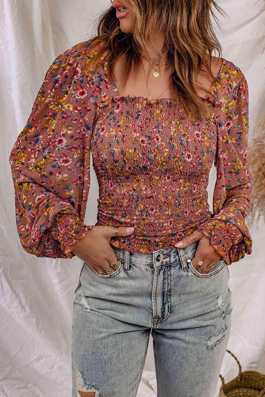 Floral Smocked Lantern Sleeve Blouse Floral Blouses - Tophatter Daily Deals