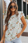 Floral Ruffled Flutter Sleeve Blouse Light Green Blouses - Tophatter Daily Deals