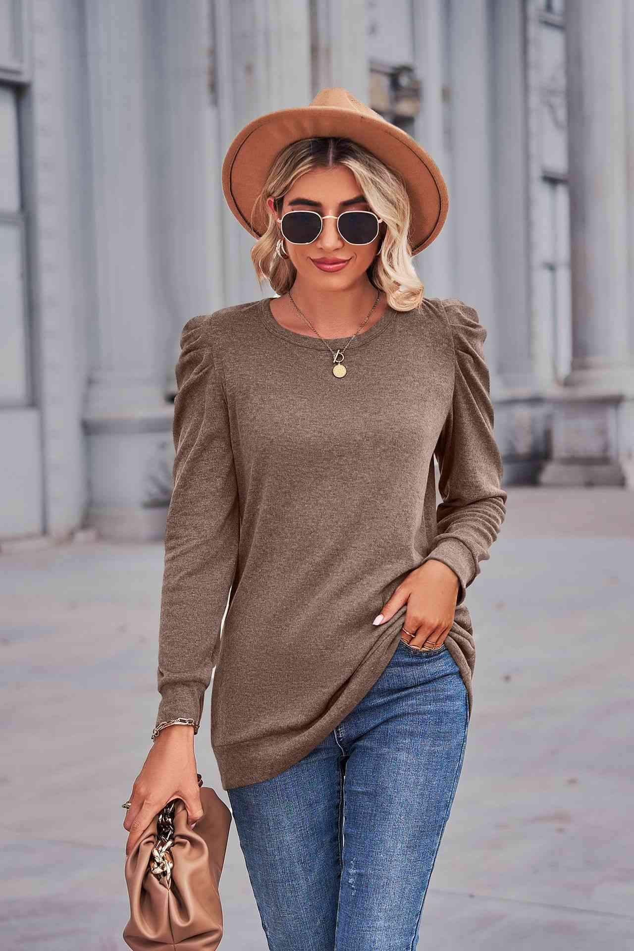 Heathered Puff Sleeve Round Neck Tunic Top Coffee Women's T-Shirts - Tophatter Daily Deals