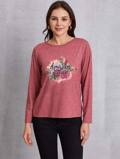 AMAZING GRACE Round Neck Long Sleeve T-Shirt Light Mauve Women's T-Shirts - Tophatter Daily Deals