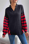 Buffalo Plaid Color Block Balloon Sleeve Top Black L Blouses - Tophatter Daily Deals