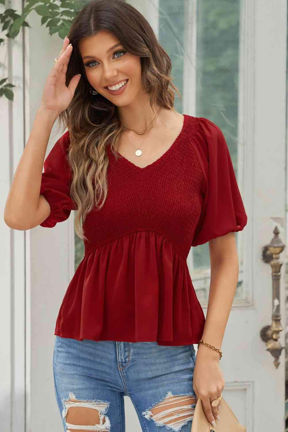 Smocked Balloon Sleeve Peplum Blouse Blouses - Tophatter Daily Deals