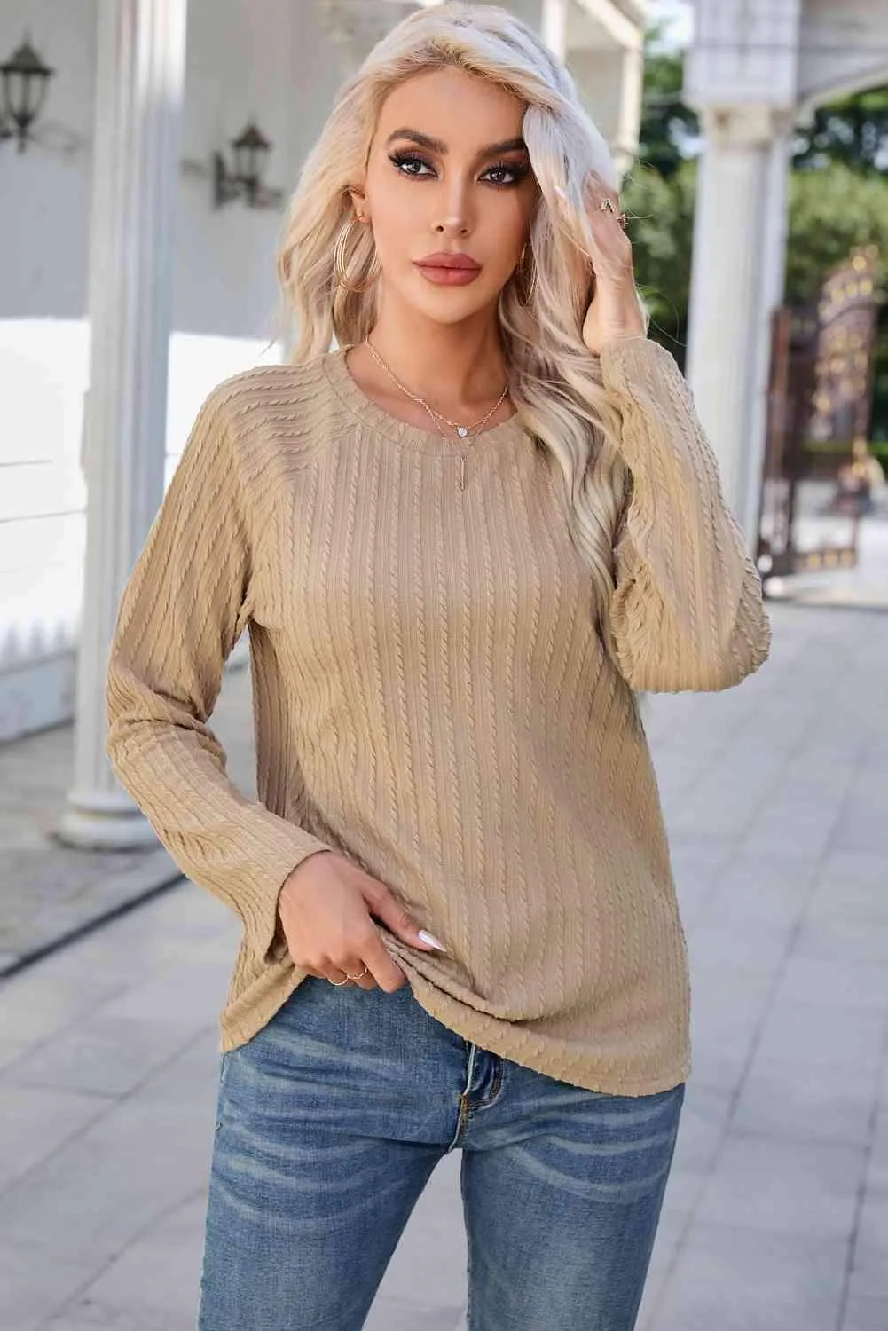 Round Neck Raglan Sleeve Ribbed Blouse Tan Blouses - Tophatter Daily Deals
