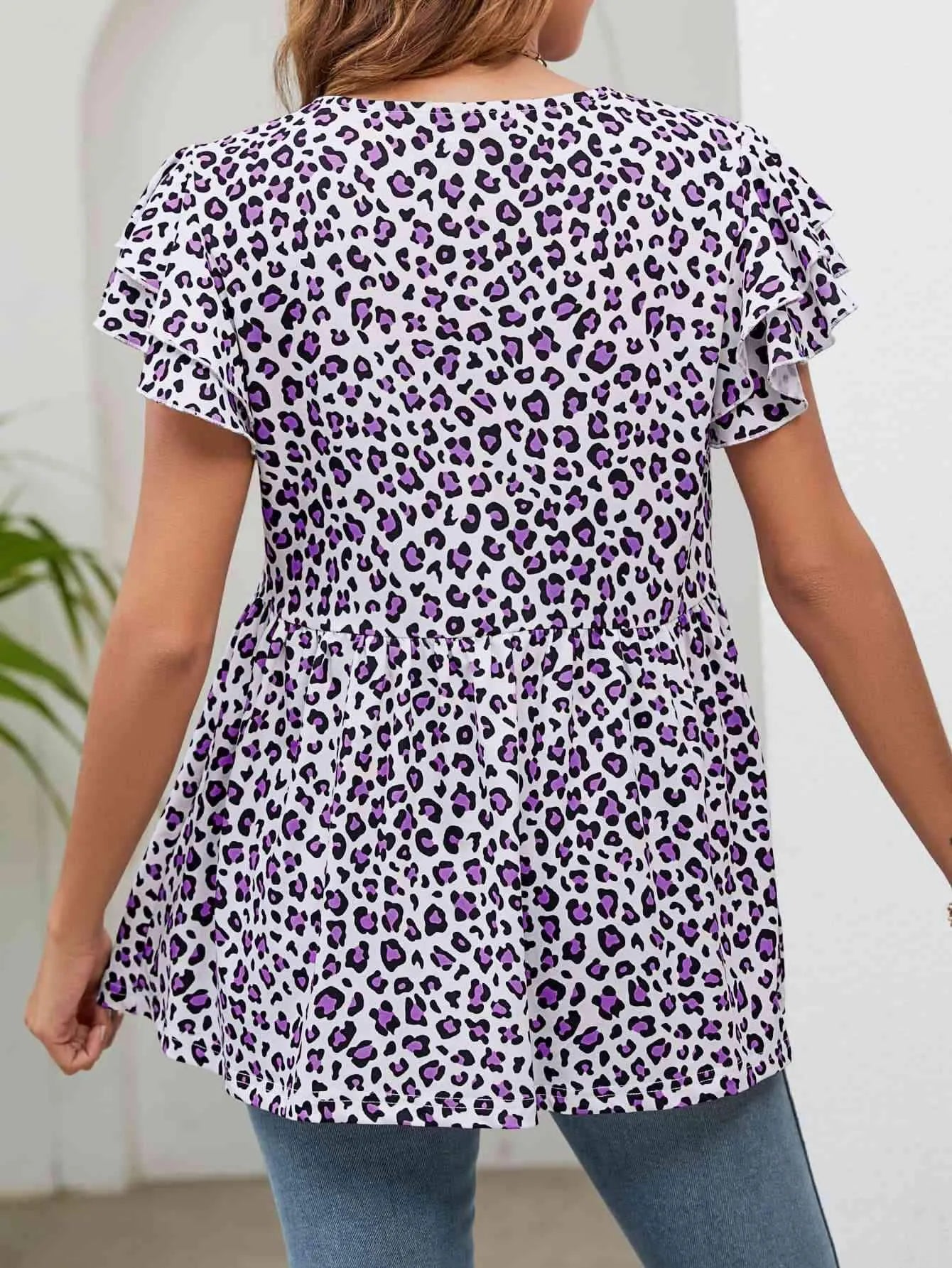 Leopard Round Neck Flutter Sleeve Babydoll Blouse Blouses - Tophatter Daily Deals
