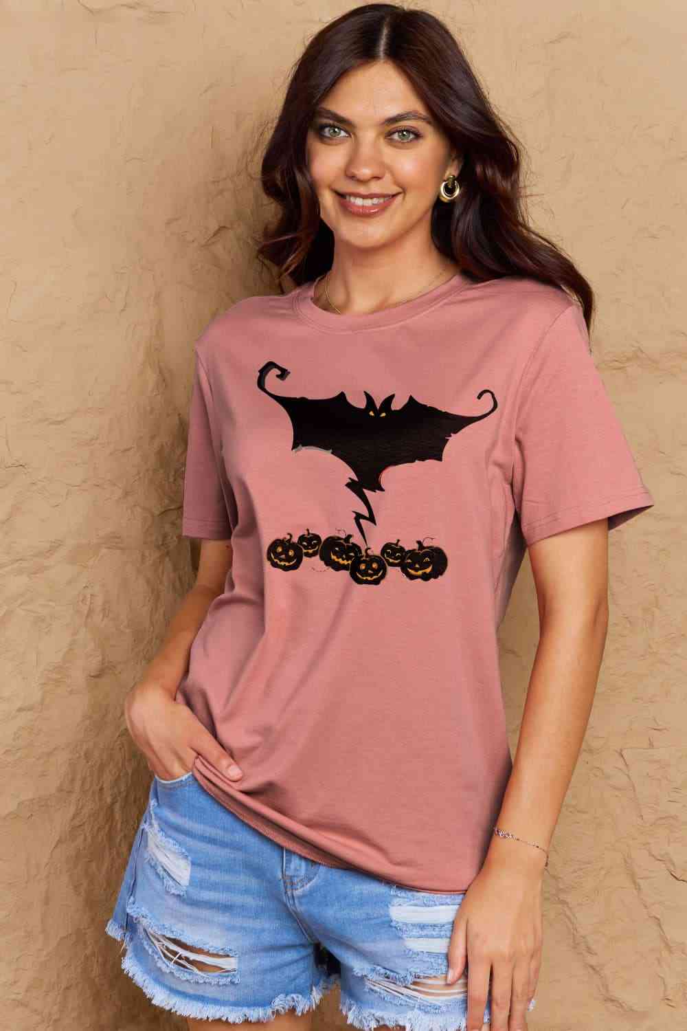 Simply Love Full Size Bat & Pumpkin Graphic Cotton T-Shirt Dusty Pink Women's T-Shirts - Tophatter Daily Deals