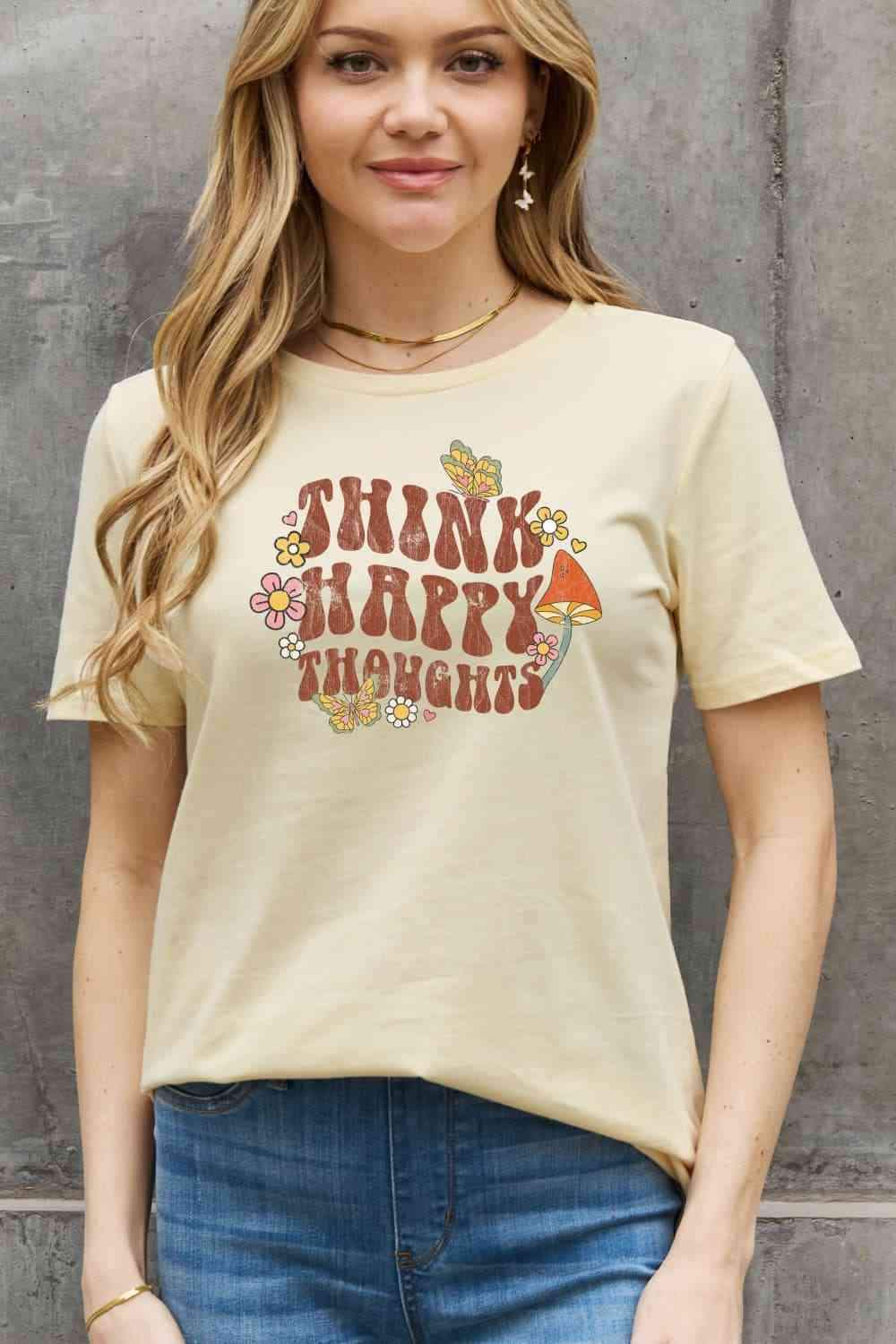 Simply Love Full Size THINK HAPPY THOUGHTS Graphic Cotton Tee Women's T-Shirts - Tophatter Daily Deals