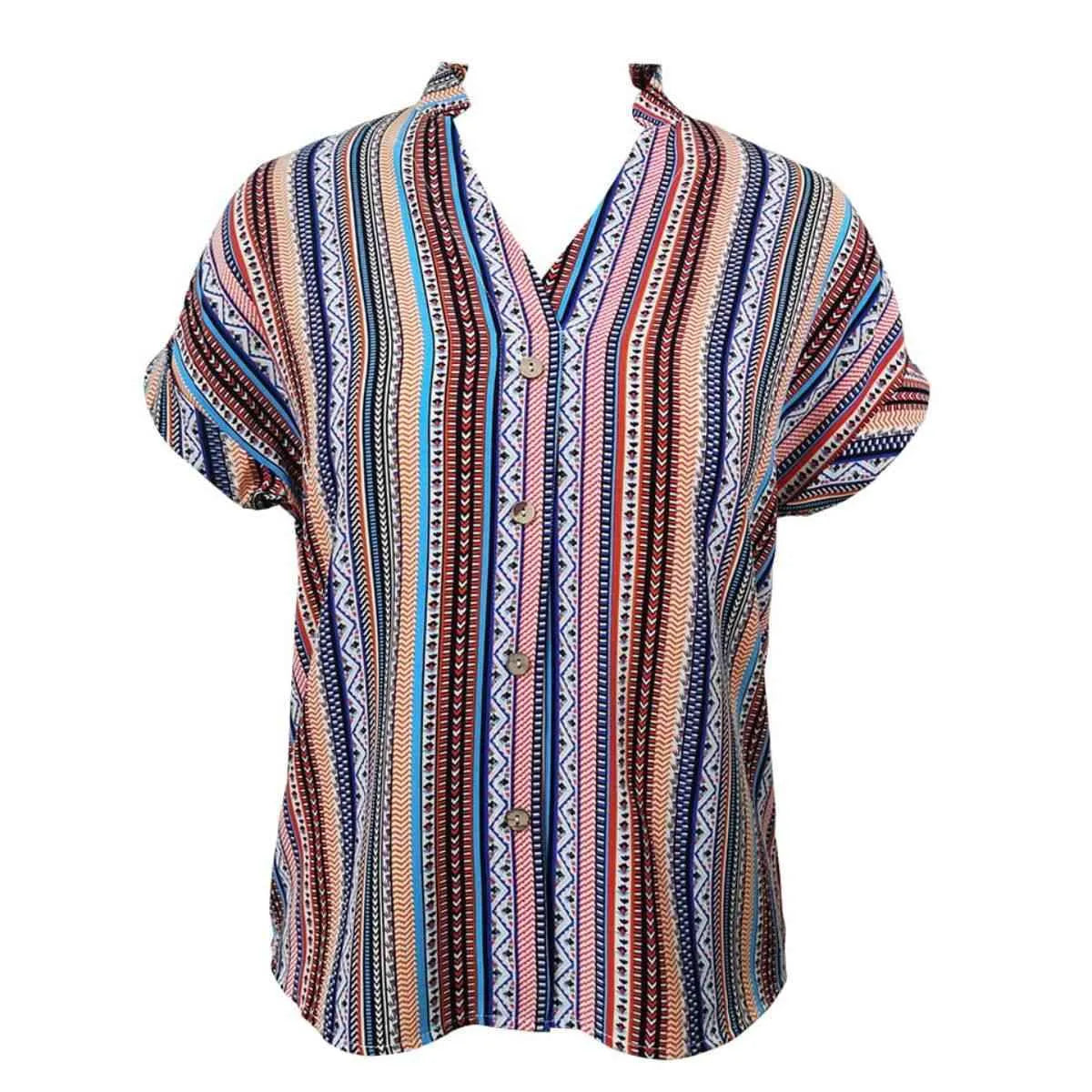 Multicolored Stripe Notched Neck Top Blouses - Tophatter Daily Deals