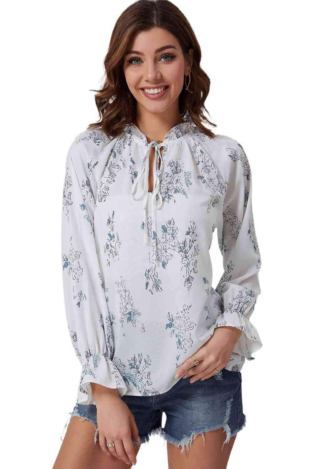 Double Take Floral Tie Neck Flounce Sleeve Blouse Blouses - Tophatter Daily Deals