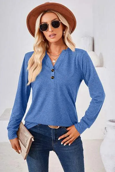 Notched Button Detail Long Sleeve T-Shirt Women's T-Shirts - Tophatter Daily Deals