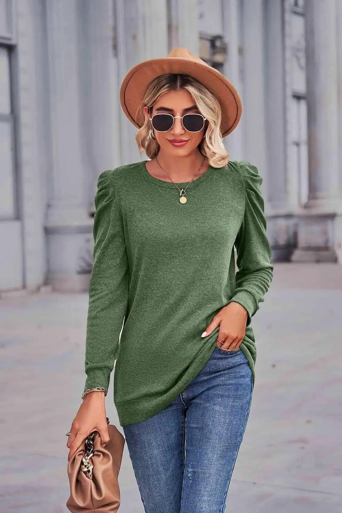 Heathered Puff Sleeve Round Neck Tunic Top Women's T-Shirts - Tophatter Daily Deals