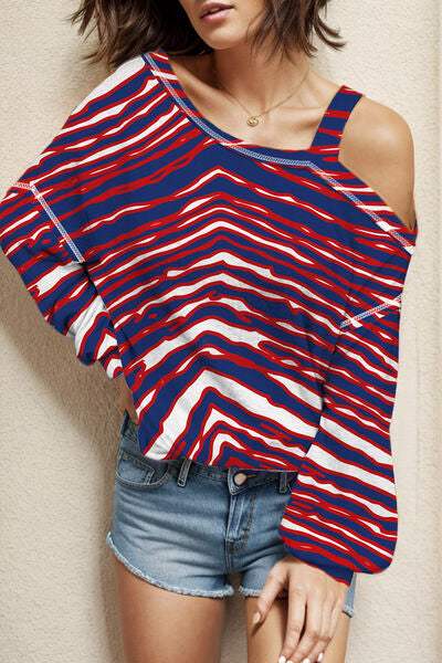 Striped Asymmetrical Neck Long Sleeve T-Shirt Scarlet Women's T-Shirts - Tophatter Daily Deals